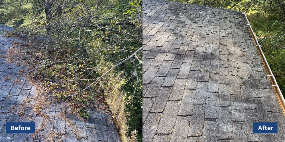 Before and after roof cleaning showing significant debris removal and improved condition.