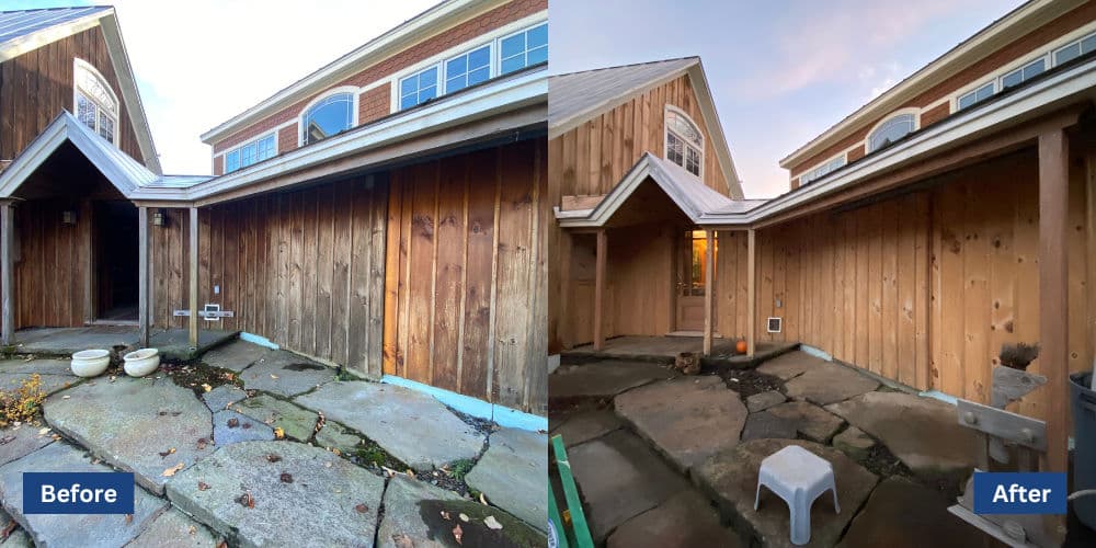 Transformation of a home's exterior: before and after renovation highlighting new wooden siding.