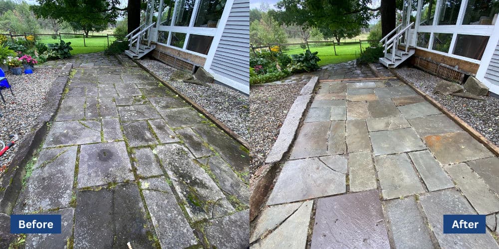 Stone pathway renovation showcasing before and after results, highlighting improved aesthetics.
