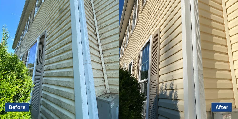 Home siding cleaning comparison: before and after showing dramatic transformation and shine.