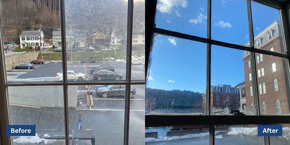 Before and after window cleaning showing clear view versus dirty glass in urban setting.