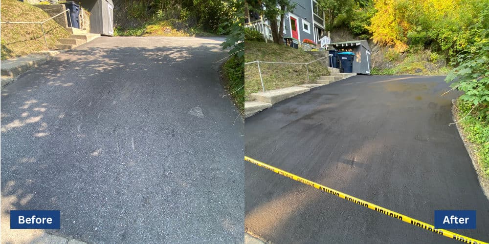 Before and after asphalt driveway resurfacing, showcasing improved condition and finish.